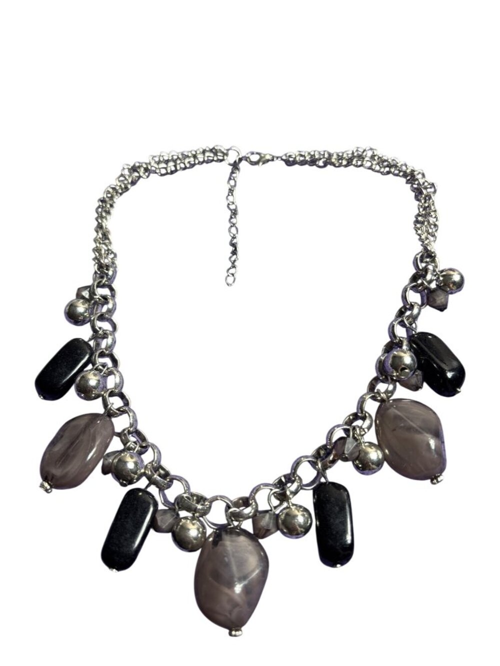 Silvertone Chain Chunky Beaded Necklace Purple Black Plastic 17 - 19 inches Long